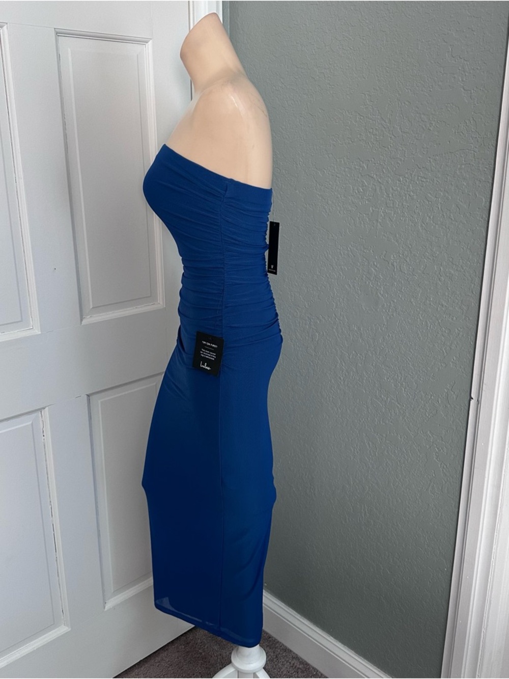 LULU’S LATE NIGHT CRUSH MESH RUCHED STRAPLESS MIDI DRESS - Picture 8 of 12